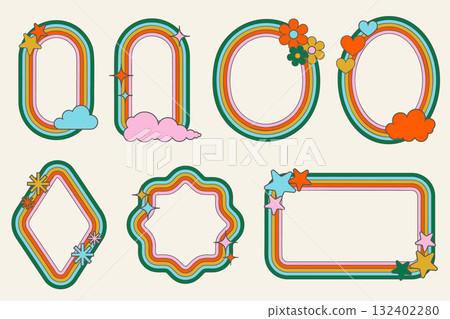 Rainbow retro frames. Funky geometric borders for photo and picture. Groovy cute striped shapes. Abstract girly decorative elements for trendy design. 70s vintage vector stickers 132402280