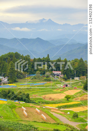 Rural scenery with the Ushiro-Tateyama mountain range towering in the background [Ooka, Nagano City] 132402398