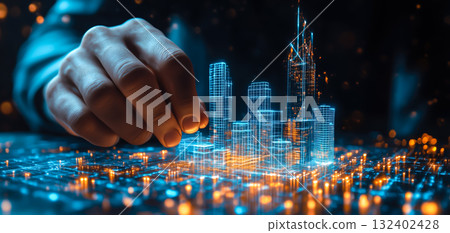 An architect brings architectural designs to life with 3D holographic construction models. Generative AI. 132402428