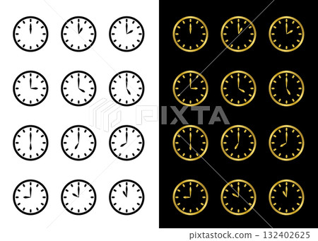 時鐘圖示圖案集（白色、黑色和金色） 132402625