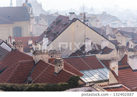 View of the Old Prague areas from the top in misty morning View of the Old Prague areas from the top in misty morning 132402887