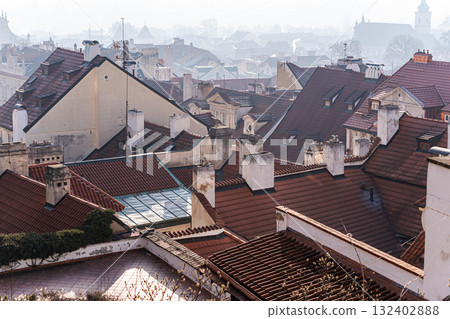 View of the Old Prague areas from the top in misty morning View of the Old Prague areas from the top in misty morning 132402888