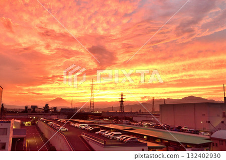 Vivid orange night view and Mt. Fuji 132402930