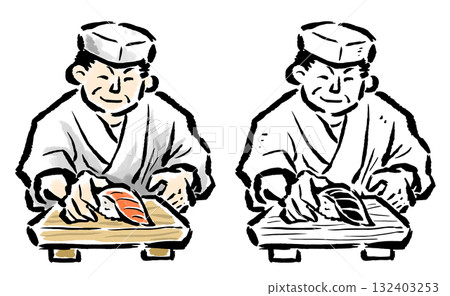 壽司師傅在壽司涼鞋上供應壽司 — — 彩色和線條畫套裝 132403253