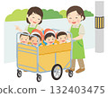 Children and nursery teachers riding in a cart to a nearby park 132403475