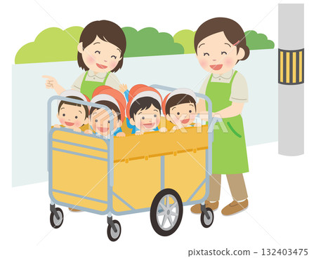 孩子和幼兒園老師搭乘童車前往附近的公園 132403475