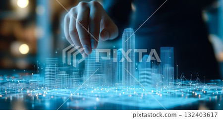 An architect brings architectural designs to life with 3D holographic construction models. Generative AI. 132403617