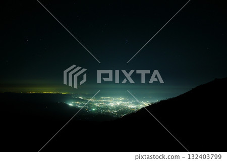 Night view of Fukushima City and a starry sky from the Azuma-Kofuji crater Night view of Fukushima City and a starry sky from the Azuma-Kofuji crater 132403799