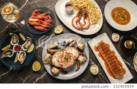 mixed traditional portuguese seafood meal on indoors lisbon restaurant table in portugal 132403954