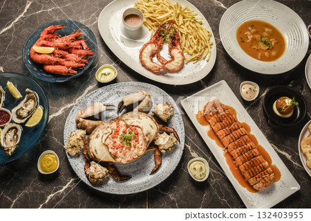 mixed traditional portuguese seafood meal on indoors lisbon restaurant table in portugal 132403955
