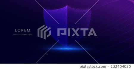 Particle glowing shield medical on dark background. Technology shield icon protec medical, system network, science. 132404020