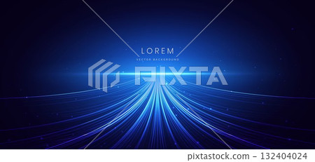 Futuristic blue curve speed movement lines glowing with lighting effect on dark blue background. 132404024