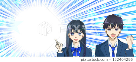 動漫風格的高中或初中男孩和女孩的插圖,帶有星光燦爛、集中線條的漫畫風格背景 動漫風格的高中或初中男孩和女孩的插圖,帶有星光燦爛、集中線條的漫畫風格背景 132404296