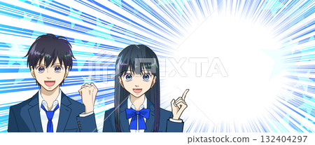 Anime-style illustration of high school or junior high school boys and girls, with a starry, concentrated line comic-style background and copy space 132404297