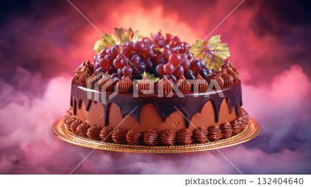 Chocolate drip cake with vibrant grapes and autumn leaves on a gold platter, surrounded by mystical purple and pink smoke Chocolate drip cake with vibrant grapes and autumn leaves on a gold platter, surrounded by mystical purple and pink smoke 132404640