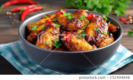 dark bowl filled with glossy, golden-brown chicken wings, garnished with fresh parsley and red chili slices, on a blue and white checkered cloth 132404648