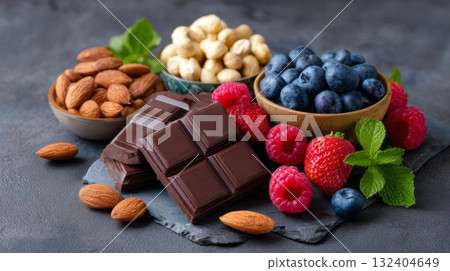 Dark chocolate squares arranged on slate with fresh raspberries, blueberries, almonds, and hazelnuts, creating a vibrant and healthy snack display with rich textures and colors 132404649