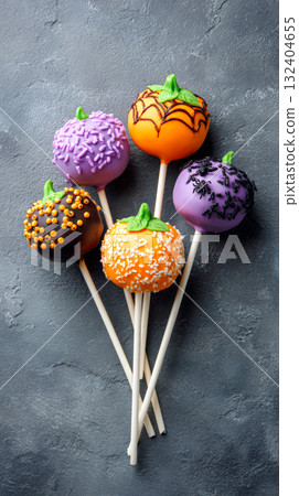 Five colorful Halloween-themed pumpkin cake pops with various spooky decorations, arranged on a dark textured background Five colorful Halloween-themed pumpkin cake pops with various spooky decorations, arranged on a dark textured background 132404655