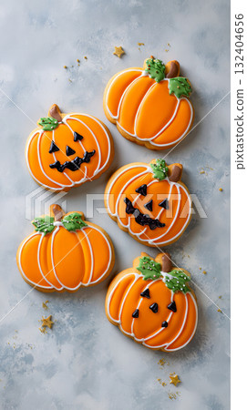Five orange pumpkin-shaped cookies, three with carved faces, are scattered on a light blue surface with gold glitter and stars Five orange pumpkin-shaped cookies, three with carved faces, are scattered on a light blue surface with gold glitter and stars 132404656