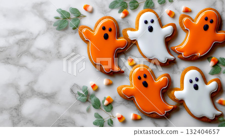 flat lay composition of ghost-shaped cookies, some with white icing and others with orange icing, arranged on a white marble surface flat lay composition of ghost-shaped cookies, some with white icing and others with orange icing, arranged on a white marble surface 132404657