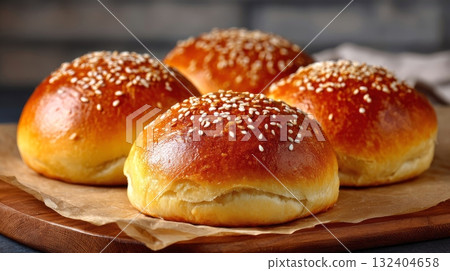 Freshly baked golden brown sesame seed burger buns arranged on a wooden board, showcasing their soft texture and appetizing appearance for culinary use and food photography Freshly baked golden brown sesame seed burger buns arranged on a wooden board, showcasing their soft texture and appetizing appearance for culinary use and food photography 132404658