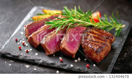 Perfectly cooked steak, sliced to show its juicy pink interior, garnished with rosemary and served with salt flakes and red peppercorns 132404678