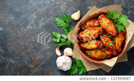 Spicy chicken wings with parsley and garlic in a bowl, top-down view on a dark background 132404687