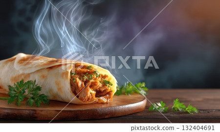steaming hot doner kebab wrap filled with meat and herbs, garnished with parsley, on a wooden board 132404691