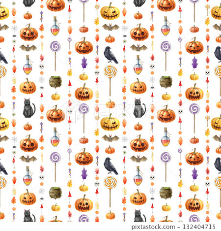 Halloween traditional holiday elements seamless pattern decor. Hand drawn candy treats, potion bottle, cat, raven, pumpkins watercolor illustration. Halloween pattern on white background. 132404715