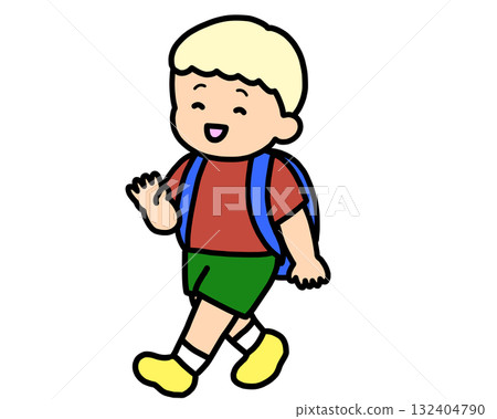 A blonde boy waving goodbye 132404790