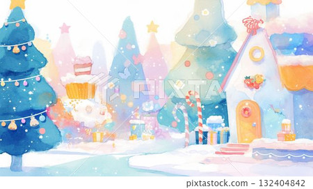 柔和色彩的雪城和聖誕樹 132404842