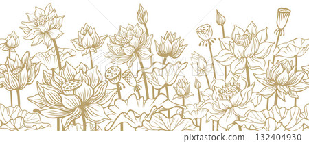 Seamless Vector Border with Blooming Lotus Flowers and Leaves in Line Art Style 132404930