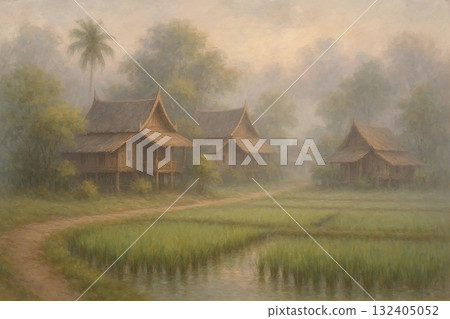 Morning Mist in Thai Village Oil Painting 132405052