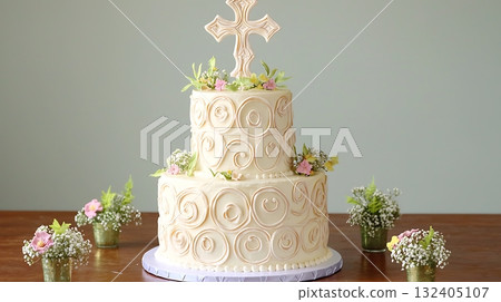 White cake with a cross on top and flowers around it 132405107