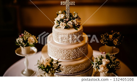 Wedding cake with a cross on top and flowers on the sides 132405108