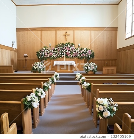 Church with a beautiful floral arrangement on the altar 132405109