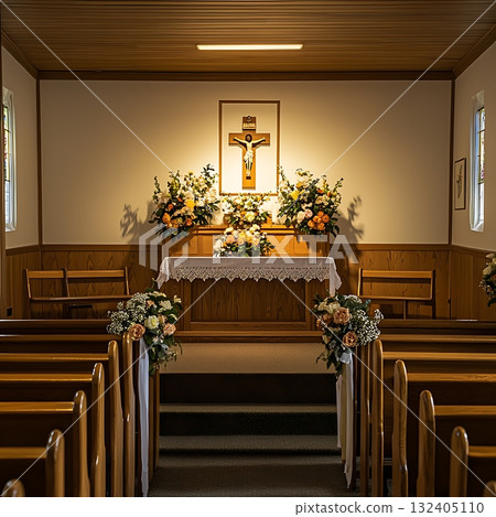 Church with a cross on the wall and a white altar 132405110