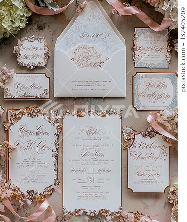 Set of wedding invitations with gold accents and a pink ribbon 132405209
