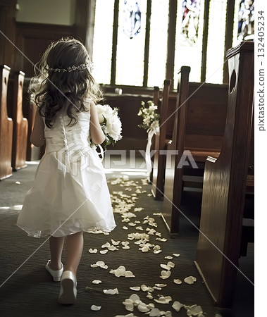 Young girl in a white dress walks down a aisle in a church 132405234