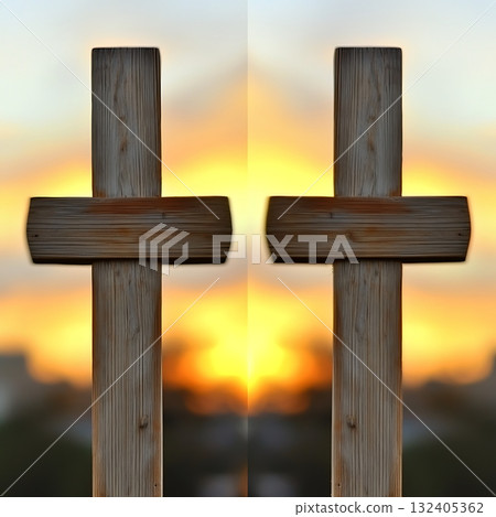Two wooden crosses are shown in the sun, with the sun in the background 132405362