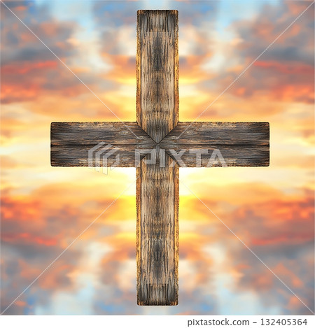 Wooden cross is shown with the sun in the background 132405364