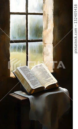 Book is open to a page with a Bible verse on it Book is open to a page with a Bible verse on it 132405416