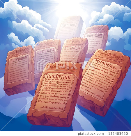 Group of six stone tablets, each with a different text, floating in the sky Group of six stone tablets, each with a different text, floating in the sky 132405430
