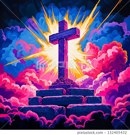 Painting of a cross with a bright sun behind it Painting of a cross with a bright sun behind it 132405432