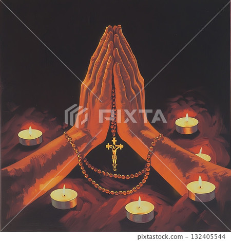 Painting of two hands praying with a cross and candles Painting of two hands praying with a cross and candles 132405544