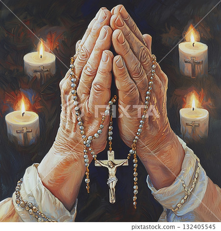 Painting of an older man holding a rosary and a crucifix 132405545