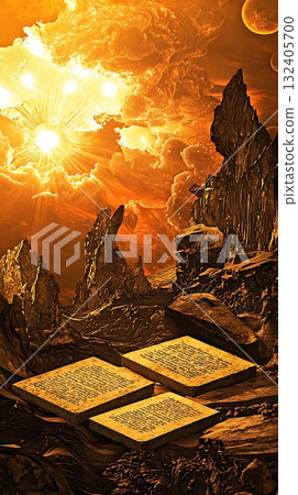 Painting of a desert with three golden books on a rocky hill 132405700