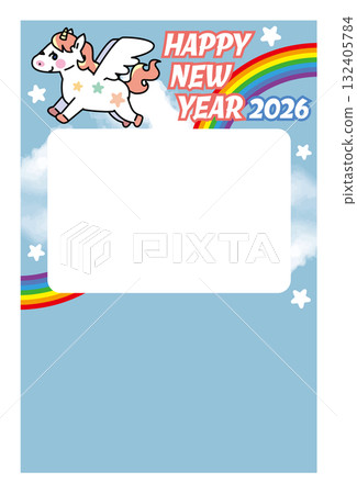 彩虹、獨角獸和天空相框新年賀卡插圖（十二生肖、幻想、充滿希望的新年設計） 132405784