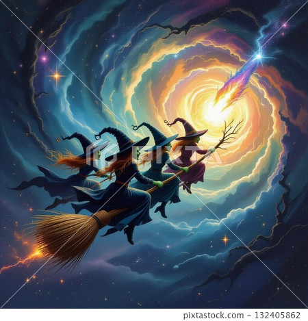 Witches on broomstick flying away. 132405862