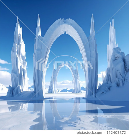 一個擁有一系列冰雪拱門的奇幻冬季世界 132405872